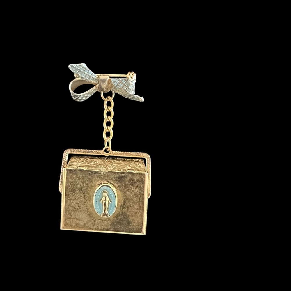 2/$15 Gold and Blue‎ Religious Brooch with Bow